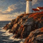 New England Navy New England Coastal Wall Art featuring white lighthouse above dark granite cliffs for refined interiors
