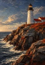 New England Navy New England Coastal Wall Art featuring white lighthouse above dark granite cliffs for refined interiors