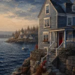 New England Navy New England Coastal Wall Art featuring shingled harbor house facing deep navy water for refined interiors