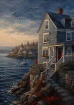New England Navy New England Coastal Wall Art featuring shingled harbor house facing deep navy water for refined interiors