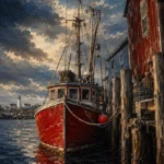 New England Navy New England Coastal Wall Art featuring red fishing boat moored beside a weathered pier for refined interiors