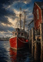 New England Navy New England Coastal Wall Art featuring red fishing boat moored beside a weathered pier for refined interiors