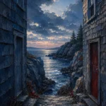 New England Navy New England Coastal Wall Art featuring rocky cove under a pale storm-cleared sky for refined interiors