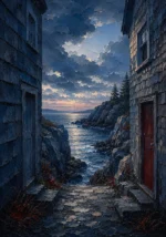 New England Navy New England Coastal Wall Art featuring rocky cove under a pale storm-cleared sky for refined interiors