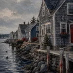New England Navy New England Coastal Wall Art featuring line of sea-worn cottages along a quiet inlet for refined interiors