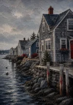New England Navy New England Coastal Wall Art featuring line of sea-worn cottages along a quiet inlet for refined interiors