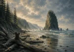Pacific Frontier Pacific Northwest Wall Art featuring sea stack rising beyond a driftwood beach for refined interiors
