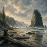 Pacific Frontier Pacific Northwest Wall Art featuring sea stack rising beyond a driftwood beach for refined interiors