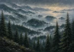 Pacific Frontier Pacific Northwest Wall Art featuring cedar forest descending toward a fogbound inlet for refined interiors