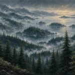 Pacific Frontier Pacific Northwest Wall Art featuring cedar forest descending toward a fogbound inlet for refined interiors