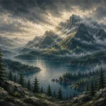 Pacific Frontier Pacific Northwest Wall Art featuring mountain lake beneath cloud-wrapped volcanic peaks for refined interiors