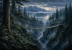 Pacific Frontier Pacific Northwest Wall Art featuring narrow suspension bridge crossing a fern-lined gorge for refined interiors