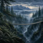 Pacific Frontier Pacific Northwest Wall Art featuring narrow suspension bridge crossing a fern-lined gorge for refined interiors