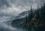 Pacific Frontier Pacific Northwest Wall Art featuring solitary cabin above a dark evergreen shoreline for refined interiors