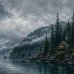 Pacific Frontier Pacific Northwest Wall Art featuring solitary cabin above a dark evergreen shoreline for refined interiors