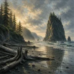 Pacific Frontier Pacific Northwest Wall Art featuring sea stack rising beyond a driftwood beach for refined interiors