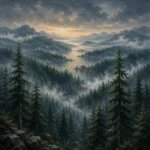 Pacific Frontier Pacific Northwest Wall Art featuring cedar forest descending toward a fogbound inlet for refined interiors