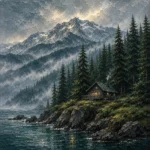 Pacific Frontier Pacific Northwest Wall Art featuring solitary cabin above a dark evergreen shoreline for refined interiors