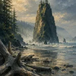 Pacific Frontier Pacific Northwest Wall Art featuring sea stack rising beyond a driftwood beach for refined interiors
