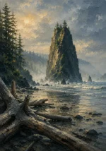 Pacific Frontier Pacific Northwest Wall Art featuring sea stack rising beyond a driftwood beach for refined interiors