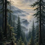 Pacific Frontier Pacific Northwest Wall Art featuring cedar forest descending toward a fogbound inlet for refined interiors