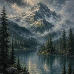 Pacific Frontier Pacific Northwest Wall Art featuring mountain lake beneath cloud-wrapped volcanic peaks for refined interiors