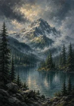 Pacific Frontier Pacific Northwest Wall Art featuring mountain lake beneath cloud-wrapped volcanic peaks for refined interiors