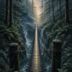 Pacific Frontier Pacific Northwest Wall Art featuring narrow suspension bridge crossing a fern-lined gorge for refined interiors