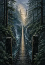 Pacific Frontier Pacific Northwest Wall Art featuring narrow suspension bridge crossing a fern-lined gorge for refined interiors