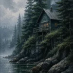 Pacific Frontier Pacific Northwest Wall Art featuring solitary cabin above a dark evergreen shoreline for refined interiors