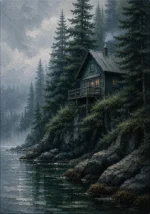 Pacific Frontier Pacific Northwest Wall Art featuring solitary cabin above a dark evergreen shoreline for refined interiors