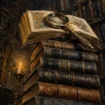Espresso gallery dark academia prints featuring antique books, an illuminated manuscript, and brass magnifying glass in warm candlelight