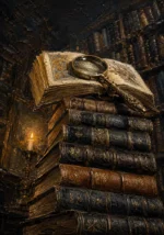 Espresso gallery dark academia prints featuring antique books, an illuminated manuscript, and brass magnifying glass in warm candlelight
