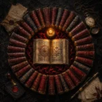 Burgundy library dark academia wall prints featuring antique books, illuminated manuscript, brass watch, and vintage scholarly details