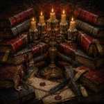 Burgundy library dark academia wall prints featuring an antique candelabrum, vintage books, wax details, and scholarly archival elements
