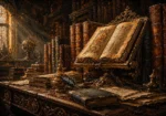 Honey bronze dark academia canvas art featuring antique leather-bound books, illuminated manuscript, brass reading stand, and warm scholarly tones