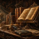 Honey bronze dark academia canvas art featuring antique leather-bound books, illuminated manuscript, brass reading stand, and warm scholarly tones