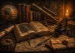 Honey bronze dark academia canvas art featuring an antique desk, brass telescope, celestial charts, and scholarly archival objects