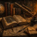 Honey bronze dark academia canvas art featuring an antique desk, brass telescope, celestial charts, and scholarly archival objects