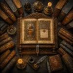 Antique gold luxe old world canvas art featuring an illuminated folio, gilded antique books, and carved walnut lectern