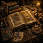 Antique gold old world canvas art print featuring an illuminated manuscript, brass astrolabe, and scholarly desk details for elegant interiors