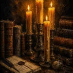 Amber dark academia living room print featuring antique candles, leather books, brass accents, and vintage scholarly details for elegant interiors
