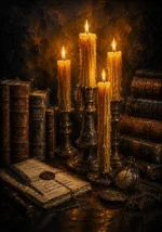 Amber dark academia living room print featuring antique candles, leather books, brass accents, and vintage scholarly details for elegant interiors