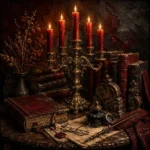 Merlot dark academia home interior print featuring brass candelabrum, antique books, botanical details, and scholarly still life elements for elegant interiors