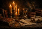 Honey bronze dark academia house interior print featuring beeswax candles, antique books, parchment scrolls, and brass details for elegant interiors