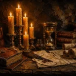 Honey bronze dark academia house interior print featuring beeswax candles, antique books, parchment scrolls, and brass details for elegant interiors