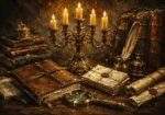 Honey bronze dark academia house interior print featuring brass candelabrum, antique journals, parchment, and scholarly archive details for elegant interiors