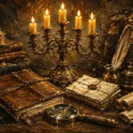 Honey bronze dark academia house interior print featuring brass candelabrum, antique journals, parchment, and scholarly archive details for elegant interiors