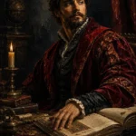 Velvet merlot dark academia portrait art print featuring a Renaissance scholar with an illuminated manuscript, velvet clothing, and classical tones