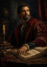 Velvet merlot dark academia portrait art print featuring a Renaissance scholar with an illuminated manuscript, velvet clothing, and classical tones